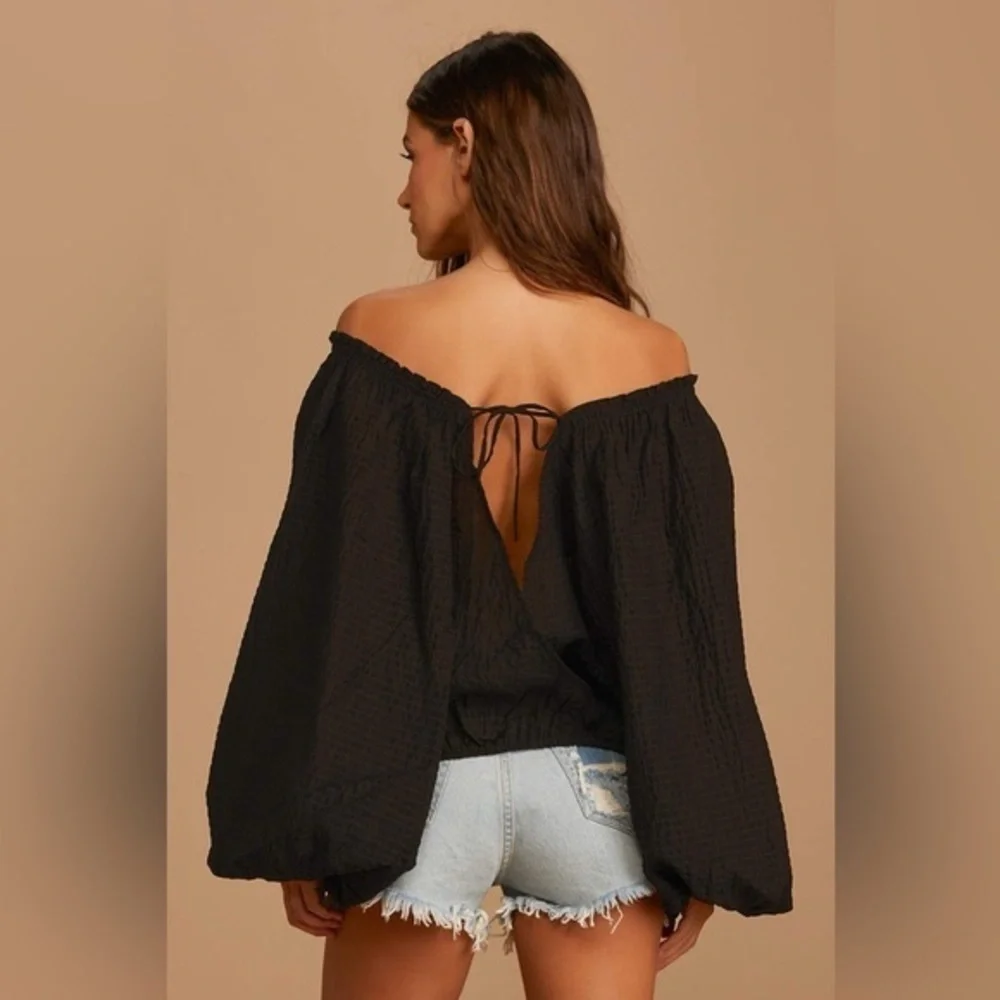 Free People - Alicia Black Off The Shoulder Puff Sleeve Tie Back Crop Top Size S